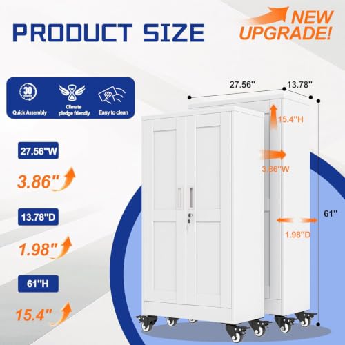 GAIOUS Metal Garage Storage Cabinet with Lock, 61” Tall Lockable File Cabinet with Wheels, Steel Tool Cabinet with 2 Door and 3 Adjustable Shelves, Rolling Cabinet for Home Office Garage Gym - White - color: White, size: 13.78"D x 27.56"W x 61.02"H