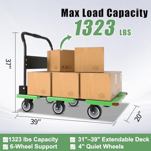 WUD 1323 lbs Heavy Duty Folding Platform Cart with Extendable Deck (31''–39''), 6-Wheel Support, 4'' Quiet Casters, Thick Reinforced Flatbed Dolly for Warehouse, Garage & Moving - color: Green
