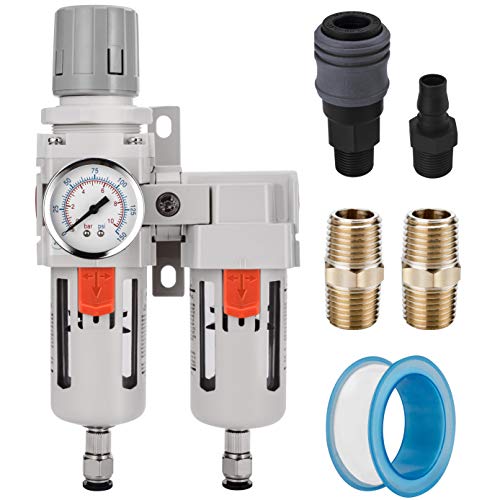 NANPU 1/2" NPT Air Dryer System - 5 Micron Particulate Filter, 0.5 Micron Coalescing Filter & Air Pressure Regulator, Water Trap Separator - Semi-Auto Drain,0-150 psi Gauge, Poly Bowl, Metal Bracket - size: 1/2" NPT