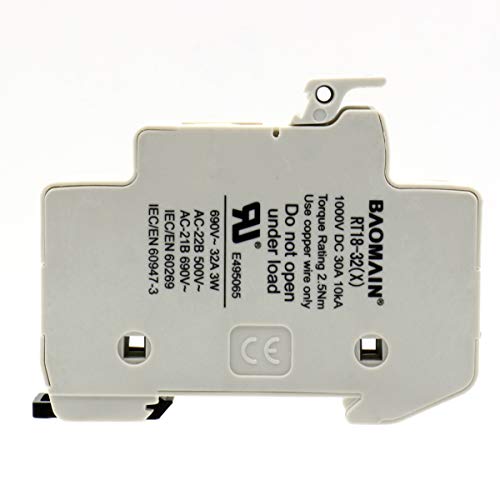 BAOMAIN 3P 600V 30A DIN Rail Fuse Holder for 10x38mm Fuses,UL White