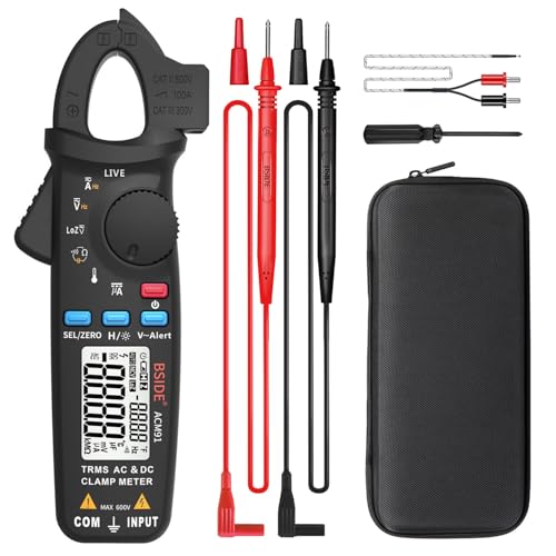 BSIDE DC Clamp Meter 1mA Current True RMS Auto-Ranging 6000 Counts Digital Multimeter Hz Temp Cap Ohm Live Check V-Alert Low Impedance Voltage Tester with Back Clip - color: Black