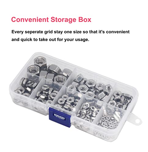 cSeao SAE Hex Nuts Assortment Kit, #2-56#4-40#6-32#8-32#10-32#10-24 1/4"-20 3/8"-16, 304 Stainless Steel Plain Finish A2-70 18-8 - size: SAE Hex Nuts Stainless Steel(300pcs)