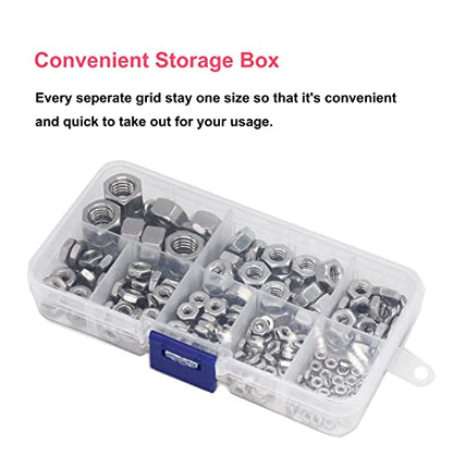 cSeao SAE Hex Nuts Assortment Kit, #2-56#4-40#6-32#8-32#10-32#10-24 1/4"-20 3/8"-16, 304 Stainless Steel Plain Finish A2-70 18-8 - size: SAE Hex Nuts Stainless Steel(300pcs)