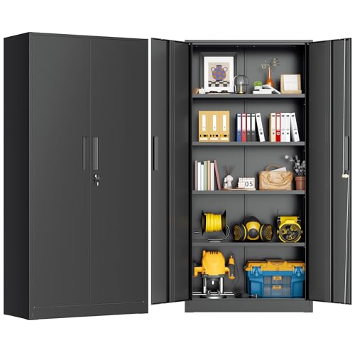 Greenvelly 72" H Metal Garage Storage Cabinet with 2 Doors and 4 Adjustable Shelves, Black Metal Cabinet with Lock, Steel Tool Cabinet for Office, Home, Garage, Gym, School（New Recessed Handle） - color: Black, size: 16"D x 32"W x 72"H