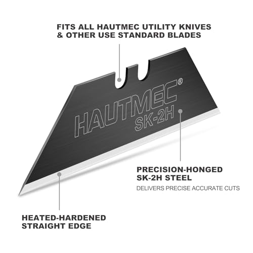 HAUTMEC Utility Knife Blades 50-Pack, Ultra-Sharp SK2H Black Rust-Resistant Blades with Safety Dispenser, Standard Size Replacement Blades for Box Cutters & Utility Knives - style: 50 PCS | SK2H