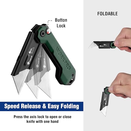 WORKPRO EDC Folding Utility Knife, Mini Box Cutter with Quick Open Axis Lock, Quick Change Blade Razor Knife, Foldable Small Pocket Knife with Belt Clip - color: Green-g10