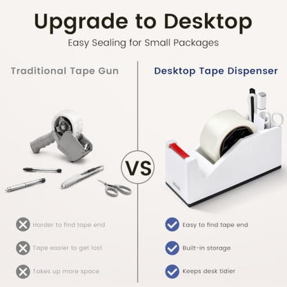 Sooez Weighted Tape Dispenser, Aesthetic Packing Tape Dispenser Desk, with Storage Compartment, Super Heavy Duty Tape Holder, Fit 1.88" to 2" Wide Tape, Tape Cutter Packing Shipping Supplies - color: White