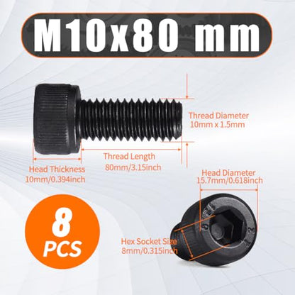 M10 x 80mm Hex Socket Cap Head Screws Bolts, 8pcs Grade12.9 Machine Screws - size: M10x80mm