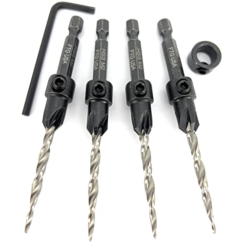 FTG USA #8(11/64") Wood Countersink Drill Bit 4-Pc Set with 3/8" Depth Stop - size: #8, style: 4 Pc with Depth Stop