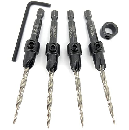 FTG USA #8(11/64") Wood Countersink Drill Bit 4-Pc Set with 3/8" Depth Stop - size: #8, style: 4 Pc with Depth Stop