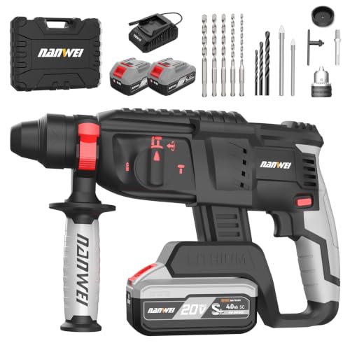 NANWEI Cordless Rotary Hammer Drill SDS-Plus, 3-Mode, 2.0J,2×4.0Ah Battery