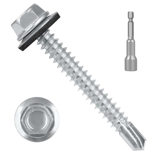 #10 x 2 (200 PCS) Metal Roofing Screws with Rubber Washer, Hex Head Self Tapping Screws for Metal, Self Drilling Sheet Metal Screw, Hex Bit Socket Included - size: #10 x 2"
