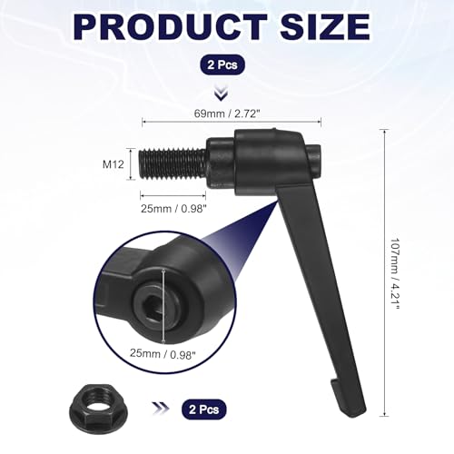 uxcell 2Pcs Adjustable Clamping Lever Handles, M12x25mm Zinc Alloy Male Thread Stud Knobs with Nuts Quick Release Bolt Rotating Screw Handles for Lathes Woodworking, Black - size: M12x25mm