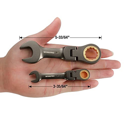 WORKPRO 8 Piece Flex Head Stubby Ratcheting Wrench Set, SAE 5/16-3/4 in - size: SAE, style: Nickel-plated