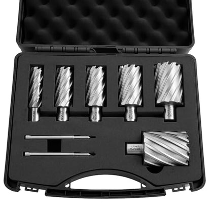 VEVOR Annular Cutter Set, 8 pcs Weldon Shank Mag Drill Bits Kit, 2" Cutting Depth, 7/8" to 2" Cutting Diameter, HSS, 6 Drill Bits with 2 Pilot Pins, Plastic Case, for Magnetic Drills, Steel, Aluminum - size: 7/8" - 2" * 2