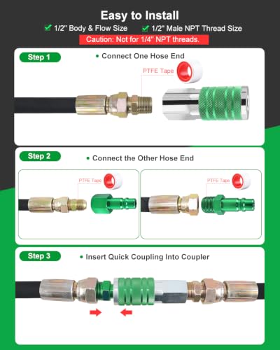 1/2" Air Hose Fittings Set, 5-Piece Quick Connect Accessories, 2pcs 1/2" Female NPT Industrial I/M Couplers & 3pcs Plugs, 300 PSI Green Plated Heavy Duty Iron, for Pneumatic Tools, Garage - size: 5 PCS Female Thread-1/2"