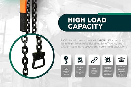 GORILA Manual Lever Hoist 360° | Manual Ratchet Chain Puller Hoist | 6610lbs - 10ft (3t - 3m) | Safety Factor 4:1 | Since 1989 - size: 6610lbs - 10ft / 3t - 3m