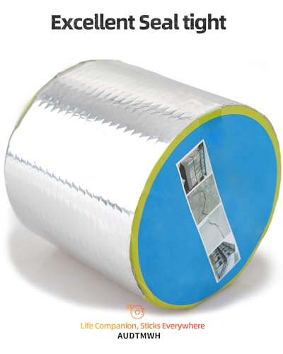 AUDTMWH Butyl Rubber Aluminum Foil Tape 2 in x 16.4 Ft (W x L), Super Waterproof Aluminum Butyl Tape, Multi-Use Repair for Boat and Pipe Sealing, Window Sealing