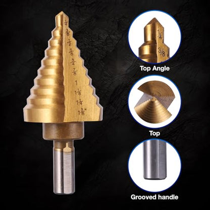 Step Drill Bits, 6PCS (50 Sizes) HSS Step Unibit Drill Bits with Automatic Center Punch, Double Cutting Blades, High-Speed Steel, Multiple Hole Stepped Up Bits for DIY Lovers with Aluminum Case