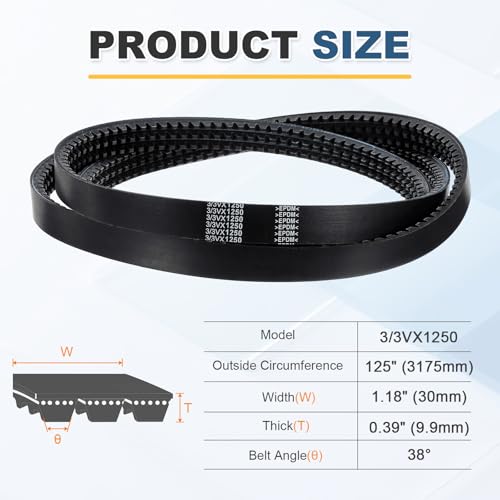 uxcell 3/3VX1250 EPDM V-Belt, 3 Banded, 125" Outer Circ x1.18 W x0.39 Thk - size: 3/3VX1250
