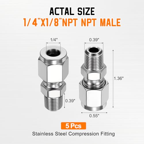 5 Pack 1/4"OD Compression x 1/8" NPT Male Union Coupling Connector - size: 1/4" OD Compression x 1/8" MNPT