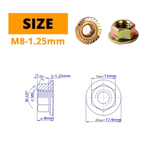 M8-1.25mm Anti-Loosening Serrated Hex Flange Lock Nuts (Yellow Zinc Plated, Full Thread) - 30 Pcs - size: M8-1.25(30PCS)
