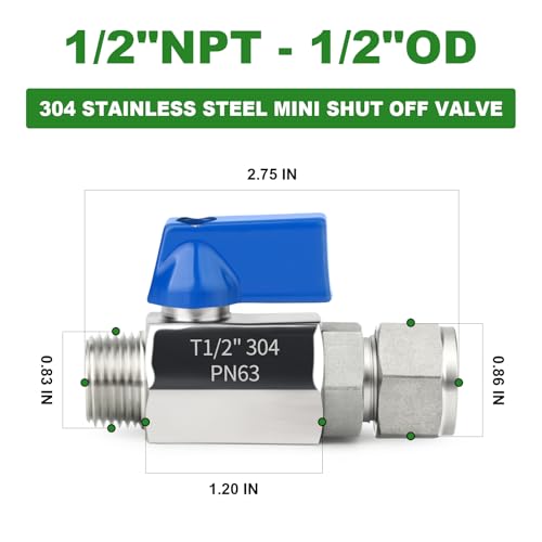 TAISHER 2PCS 304 Stainless Steel Compression Mini Ball Valve Shut Off Switch, 1/2" Tube OD x 1/2" NPT Male - size: 1/2" OD x 1/2" NPT