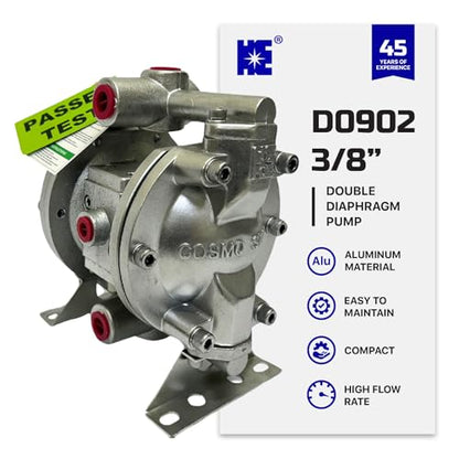 COSMOSTAR D0902 3/8" Double Air Diaphragm Pump, Aluminum Body, Teflon Ball, seat and Diaphragm, Pump Muffler, Pump, Chemical Pump, Waste Oil Pump, Pneumatic Oil Pump, Diaphragm Pumps - size: D0902 3/8" Aluminum