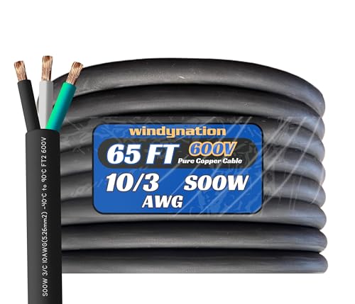 WindyNation 65 Feet 10/3 10 AWG SOOW SO Cable Cord Wire - 10 Gauge 3 Conductor 600V Portable Power Extension Cord Cable for EV Chargers, Motor Leads, Portable Lights, and Battery Chargers - size: 65 Feet