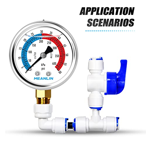 MEANLIN MEASURE 1/4" NPT 0-60psi Pressure Gauge, 2" Dial Glycerine Filled Pool Filter, 304 Stainless Steel Housing, Back Mount, with 1/2" NPT and 3/8" NPT Hex Bushing - size: 0-60Psi/0-400Kpa, style: Center Back Mount