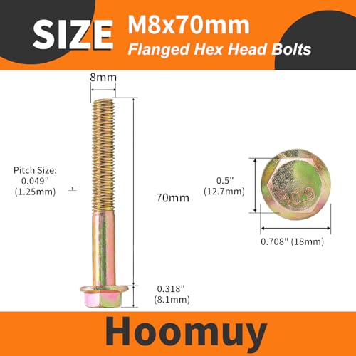 M8 x 70mm 10pcs Heavy Duty Flanged Hex Head Bolts, Flange Hexagon Head Screws, 10.9 Grade Alloy Steel, Yellow Zinc Plated, Metric Half Thread - size: M8 x 70mm(10pcs)