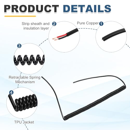 MECCANIXITY 5ft 22AWG Retractable Coiled Coil Cord 300V 105℃ 2 Conductor - size: 5ft x 22AWG, 2 Conductor