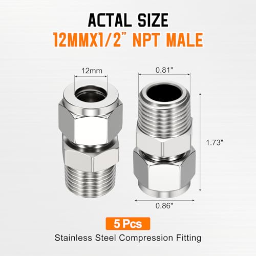 5 Pack 1/2" OD Compression x 1/2" NPT Male Union Coupling Connector - size: 1/2" OD Compression x 1/2" NPT Male