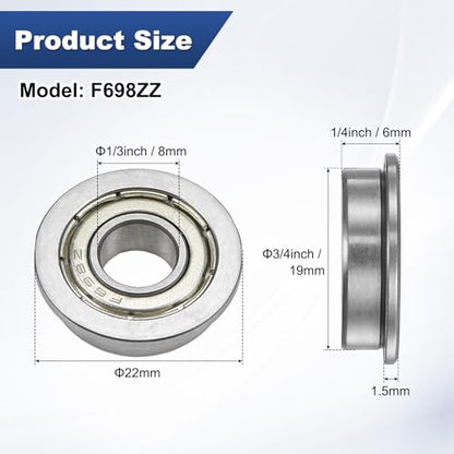 M METERXITY 4-Pack F698ZZ Flanged Ball Bearing, 8mm x 19mm x 6mm Double Metal Shielded Z1 Chrome (GCr15) Steel Flange Rip Bearings for Wheelbarrow/Printer/Fax Machines/Power Tools - size: 8mm x 19mm x 6mm