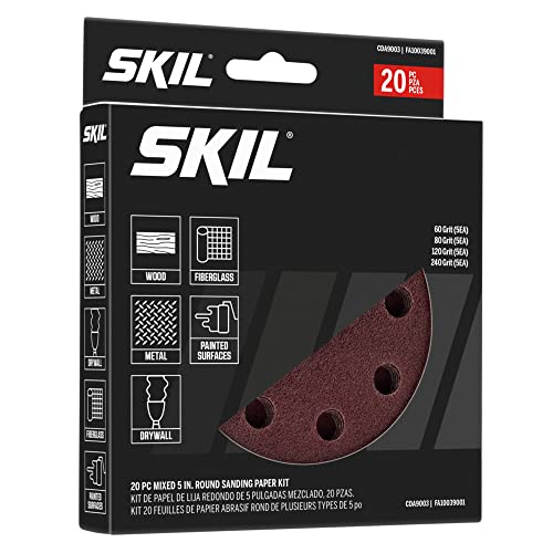 SKIL 20-Piece Mixed 5 in. 60/80/120/240 Grits Round Sanding Paper Kit for SKIL Sanders SR211601/SR6604B-10/SR660302 - CDA9003 - size: 5 inches, style: Orbital Sanding Paper (20pc)