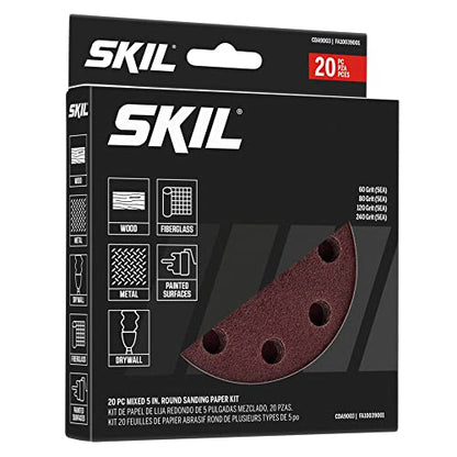 SKIL 20-Piece Mixed 5 in. 60/80/120/240 Grits Round Sanding Paper Kit for SKIL Sanders SR211601/SR6604B-10/SR660302 - CDA9003 - size: 5 inches, style: Orbital Sanding Paper (20pc)
