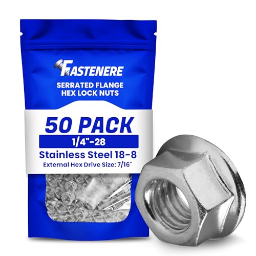 Fastenere Serrated Flange Nuts – 1/4"-28 (50-Pack), Durable Stainless Steel 18-8 Hex Lock Hardware Nuts, Corrosion-Resistant, Fine Plain Finish for Home, Automotive & Industrial Use - size: 1/4-28 (50 Pack)