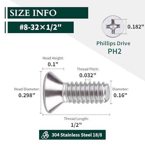 #8-32 x 1/2" Flat Countersunk Head Machine Screws, Phillips Drive, 304 Stainless Steel 18-8, Full Thread, Coarse Thread UNC, 50 PCS - size: #8-32 x 1/2"