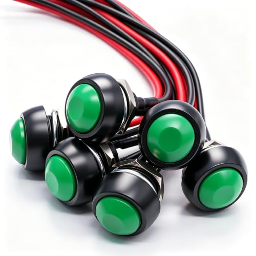 Twidec/6Pcs 12mm Momentary Push Button Switch 1/2" Mounting Hole On Off Mini Round Waterproof Green with Pre-soldered Wires PBS-33B-G-X - color: Green-12mm, size: Momentary