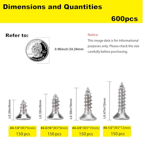 #4 Flat Head Wood Screws Assortment Kit 600Pcs, 304 Stainless Steel - color: Sliver, size: #4-600pcs