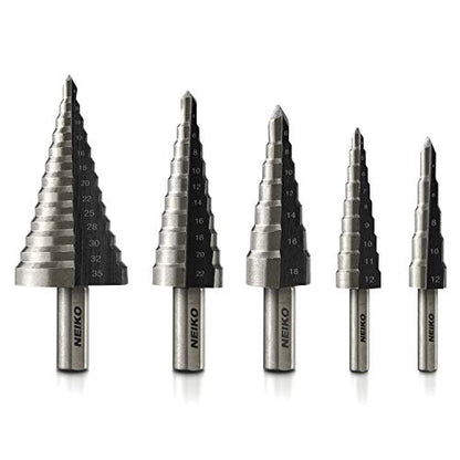 NEIKO 10198A Step Drill Bit Set | 5 Piece, 4mm- 35mm | Metric Titanium High Speed Steel Unibit, Stepper Cone Drill Bit | Two Flute Step Down Bits, 135 Degree Point - size: 5pc (5/32 - 1-3/8", 44S), style: Straight