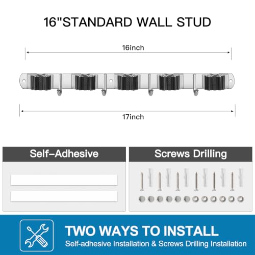 IMILLET 2 Pack Broom Holder Wall Mount Stainless Steel Mop Organizer - color: Stainless Steel - 5 Racks with 4 Hooks, size: 2 Pack
