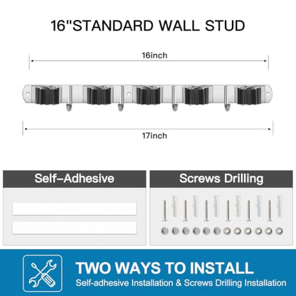 IMILLET 2 Pack Broom Holder Wall Mount Stainless Steel Mop Organizer - color: Stainless Steel - 5 Racks with 4 Hooks, size: 2 Pack