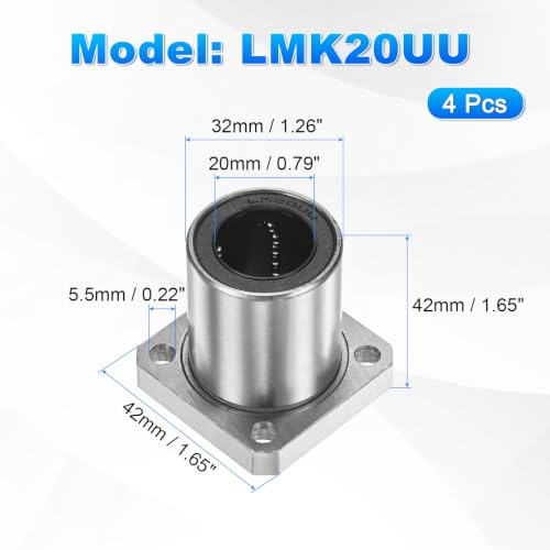 PATIKIL LMK20UU Linear Ball Bearings 20mm Bore Dia 32mm OD 42mm Long 5.5mm Hole, 4Pcs Round Flange Linear Motion Bushing Double Side Rubber Sealed Rod Liner Shaft for Machine 3D Printer - size: 20mm
