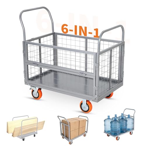 Platform Truck Cart with Cage, 6-in-1 Multi-Purpose Push Cart Dolly, Foldable Hand Truck Load 1800 LBS with 4 Wheels Flatbed Cart for Grocery, Laundry, Garage, Warehouse,Silver - color: Silver