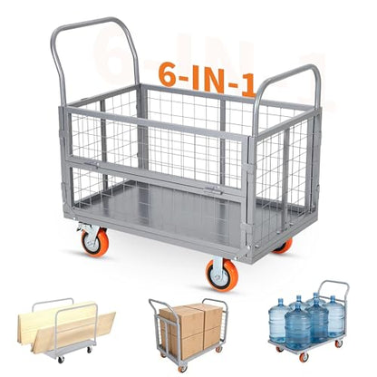 Platform Truck Cart with Cage, 6-in-1 Multi-Purpose Push Cart Dolly, Foldable Hand Truck Load 1800 LBS with 4 Wheels Flatbed Cart for Grocery, Laundry, Garage, Warehouse,Silver - color: Silver