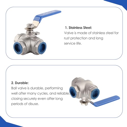WALFRONT 3-Way Pipe Ball Valve 3/4"NPT Female Thread Valve 304 Stainless Steel Full Port with Handle for Water Oil Gas