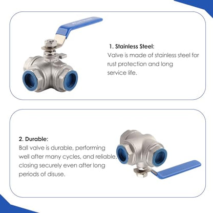 WALFRONT 3-Way Pipe Ball Valve 3/4"NPT Female Thread Valve 304 Stainless Steel Full Port with Handle for Water Oil Gas