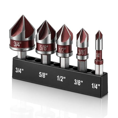 5 Pcs Countersink Drill Bit Set, 82-Degree HSS Drill Bit(1/4" to 3/4"), Quick Change Hex Shank, 5 Flute Premium Countersink Bits for Wood, Metal, Plastic – Durable & Rust-Resistant