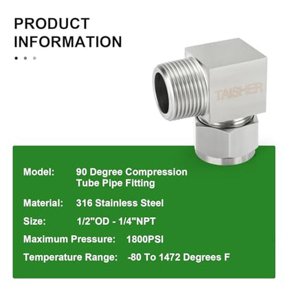 TAISHER 2PCS 304 Stainless Steel Square 90 Degree Compression Tube Pipe Fitting Connector, 1/2" Tube OD x 1/4" NPT Male Adapter - size: 1/2" OD x 1/4" MNPT